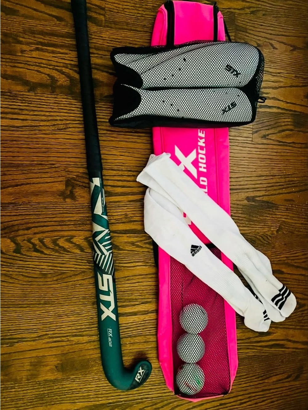 STX Green Field Hockey Stick with Pink Gear Bag and Adidas Socks, balls, case